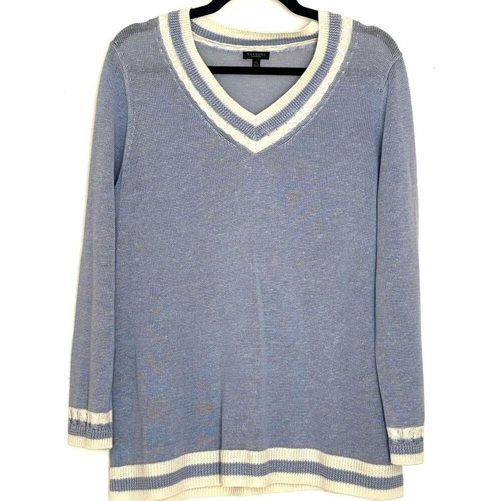 Talbots Linen V-Neck Varsity Sweater Light Blue Size 1XP 100% Linen